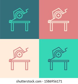 Color line Table saw for woodwork icon isolated on color background. Power saw bench.  Vector Illustration