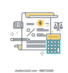 Color line, tax law illustration, icon, background and graphics. The illustration is colorful, flat, vector, pixel perfect, suitable for web and print. Linear stokes and fills.