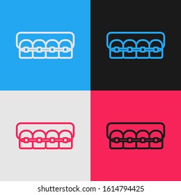 Color line Teeth with braces icon isolated on color background. Alignment of bite of teeth, dental row with with braces. Dental concept. Vintage style drawing. Vector Illustration