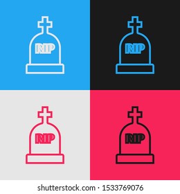 Color line Tombstone with RIP written on it icon isolated on color background. Grave icon. Vintage style drawing. Vector Illustration