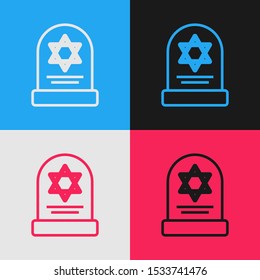 Color line Tombstone with star of david icon isolated on color background. Jewish grave stone. Gravestone icon. Vintage style drawing. Vector Illustration