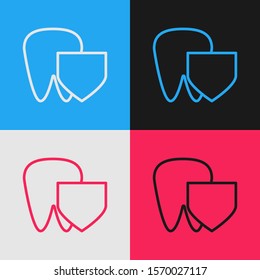 Color line Tooth with shield icon isolated on color background. Dental insurance. Security, safety, protection, protect concept. Vintage style drawing. Vector Illustration