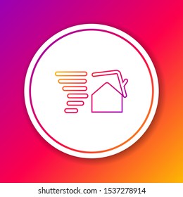 Color line Tornado swirl damages house roof icon isolated on color background. Cyclone, whirlwind, storm funnel, hurricane wind icon. Circle white button. Vector Illustration