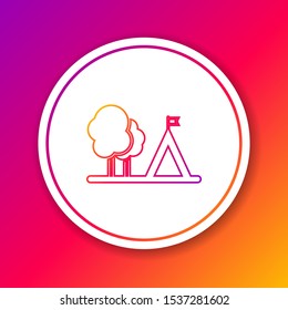 Color line Tourist tent with flag icon isolated on color background. Camping symbol. Circle white button. Vector Illustration