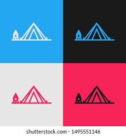 Color line Tourist tent with wood fire icon isolated on color background. Camping symbol. Vintage style drawing. Vector Illustration