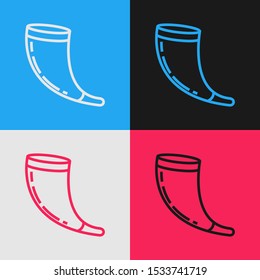 Color line Traditional ram horn, shofar icon isolated on color background. Rosh hashanah, jewish New Year holiday traditional symbol. Vintage style drawing. Vector Illustration