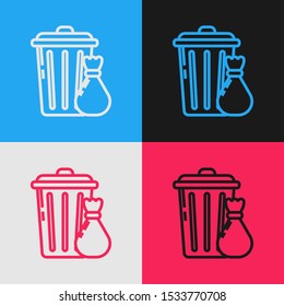 Color line Trash can and garbage bag icon isolated on color background. Garbage bin sign. Recycle basket icon. Office trash icon. Vintage style drawing. Vector Illustration