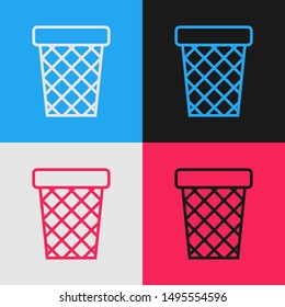Color line Trash can icon isolated on color background. Garbage bin sign. Recycle basket icon. Office trash icon. Vintage style drawing. Vector Illustration