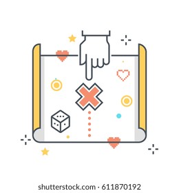 Color line, treasure map concept illustration, icon, background and graphics. The illustration is colorful, flat, vector, pixel perfect, suitable for web and print. It is linear stokes and fills.