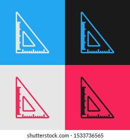 Color line Triangular ruler icon isolated on color background. Straightedge symbol. Geometric symbol. Vintage style drawing. Vector Illustration