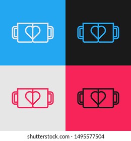 Color line Two coffee cup and heart icon isolated on color background. Couple coffee for lovers on Valentines Day. Vintage style drawing. Vector Illustration