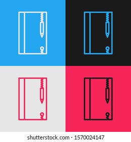 Color line Underwater note book and pencil for snorkeling icon isolated on color background. Water writing slate or tablet with pen. Vintage style drawing. Vector Illustration