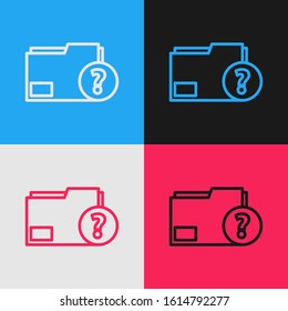 Color line Unknown document folder icon isolated on color background. File with Question mark. Hold report, service and global search sign. Vintage style drawing. Vector Illustration
