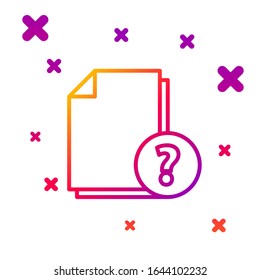 Línea de color Icono de documento desconocido aislado en fondo blanco. Archivo con signo de interrogación. Retener informe, servicio y signo de búsqueda global. Formas dinámicas aleatorias degradadas.  Ilustración vectorial