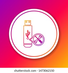 Color line USB flash drive with screwdriver and wrench icon isolated on color background. Adjusting, service, setting, maintenance, repair, fixing. Circle white button. Vector Illustration