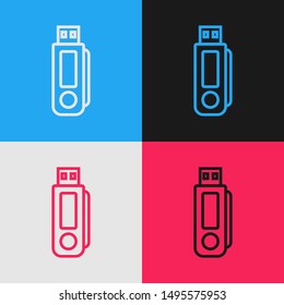 Color line USB flash drive icon isolated on color background. Vintage style drawing. Vector Illustration