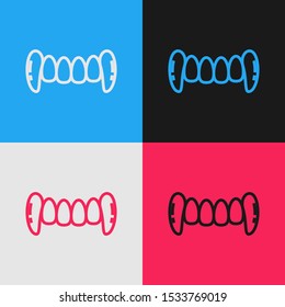 Color line Vampire teeth icon isolated on color background. Happy Halloween party. Vintage style drawing. Vector Illustration