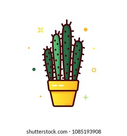 Color line vector icon of cactus in a pot isolated on white