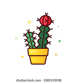 Color line vector icon of cactus in a pot isolated on white