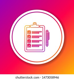 Color line Verification of delivery list clipboard and pen icon isolated on color background. Circle white button. Vector Illustration