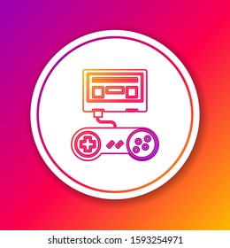 Color line Video game console with joystick icon isolated on color background. Circle white button. Vector Illustration