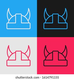Color line Viking in horned helmet icon isolated on color background. Vintage style drawing. Vector Illustration