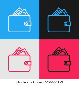 Color line Wallet with stacks paper money cash icon isolated on color background. Purse icon. Cash savings symbol.  Vintage style drawing. Vector Illustration