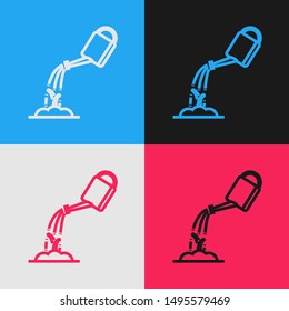 Color line Watering can with water icon isolated on color background. Watering a sprout. Irrigation symbol. Vector Illustration