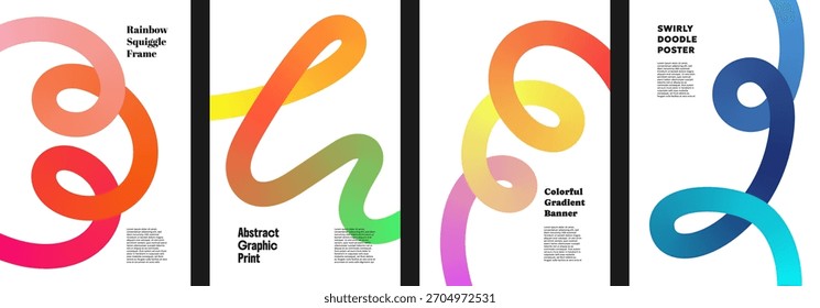 Farblinienwellen bilden abstrakte Farbverlauf-Schnörkel, die in einem dynamischen Wellenmuster fließen. Modernes Vektorlayout mischt Neonbandkurven mit lustigen organischen Formen für ein Retro-Sport-Karneval-Poster-Design.