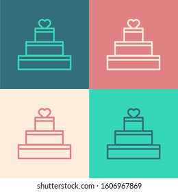 Color line Wedding cake with heart icon isolated on color background. Valentines day symbol.  Vector Illustration