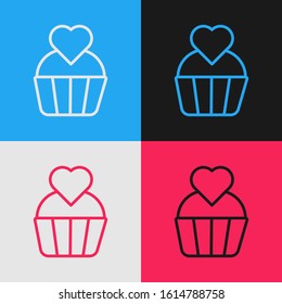 Color line Wedding cake with heart icon isolated on color background. Valentines day symbol. Vintage style drawing. Vector Illustration