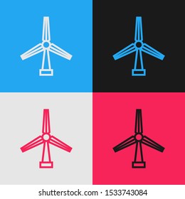 Color line Wind turbine icon isolated on color background. Wind generator sign. Windmill silhouette. Windmill for electric power production. Vintage style drawing. Vector Illustration