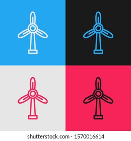 Color line Wind turbine icon isolated on color background. Wind generator sign. Windmill for electric power production. Vintage style drawing. Vector Illustration