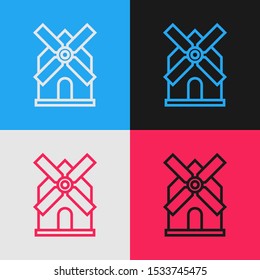 Color line Windmill icon isolated on color background. Vintage style drawing. Vector Illustration