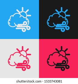 Color line Windy weather icon isolated on color background. Sun with cloud and wind. Vintage style drawing. Vector Illustration