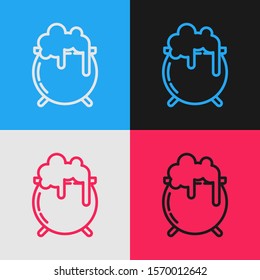 Color line Witch cauldron icon isolated on color background. Happy Saint Patricks day. Vintage style drawing. Vector Illustration