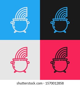 Color line Witch cauldron and rainbow icon isolated on color background. Happy Saint Patricks day. Vintage style drawing. Vector Illustration