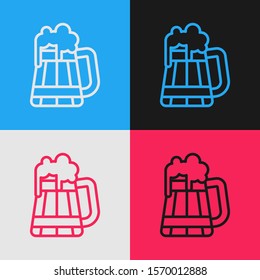 Color line Wooden beer mug icon isolated on color background. Vintage style drawing. Vector Illustration
