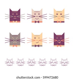 Color and linear cats heads vector set. Cute cat emotions. Isolated objects on white background.