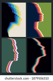 Color Linear Female Faces Silhouette Set 