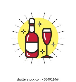 Color linear icon. Stylized wineglass and bottle. One image of series Restaurant icons. Vector illustration. Can be used for applications and websites