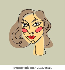 Color linear portrait of a woman on a white background. Stylized face drawing. Vector sketch of a person. Linear art. Isolated girl's face on a white background.