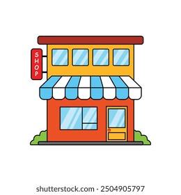 color linear shop building icon. concept of marketing, shopfront, awning, town construction silhouette, exterior, merchandise. flat style trend modern logo