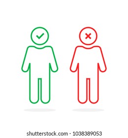 color linear stick figure with checkmarks. flat stroke trend modern simple red and green logotype graphic line art design isolated on white background. concept of change of mood or mental condition