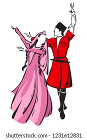 color linear vector illustration of the silhouettes of a man and a woman dancing lezginka in Caucasian national costumes