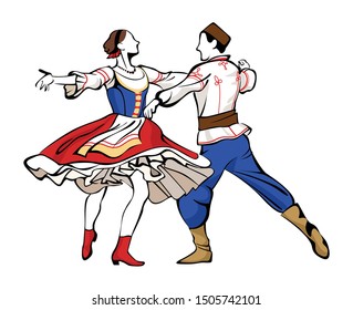 Color linear vector illustration of silhouettes of a man and a woman dancing Hungarian Czardas dance in national costumes