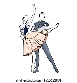 Color linear vector illustration of silhouettes of a man and a woman dancing ballet in costumes