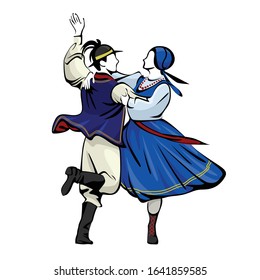 Color linear vector illustration of silhouettes of a man and a woman dancing Polish folk dance in national costumes