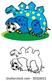 Color and line-art cartoon illustrations of a dinosaur who plays with a soccer ball.