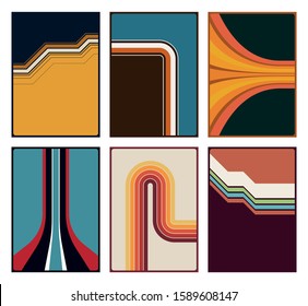 Color Lines Background Set 1970s Style, Vintage Colors, Wavy, Broken, Perspective Stripes